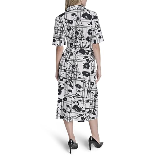 Image of DKNY Women's Short Sleeve Cotton Poplin Collared Midi Shirtdress