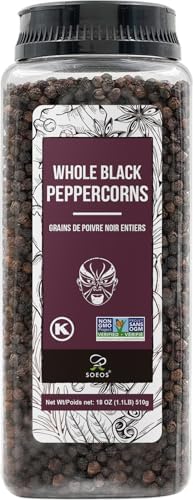 Soeos Black Peppercorns, 18oz (Pack of 1), Non-GMO, Kosher, Packed to Keep Peppers Fresh, Peppercorn for Grinder Refill, Whole Peppercorns
