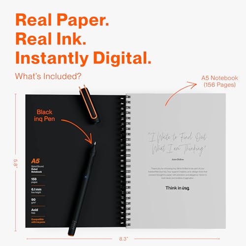 inq Smart Writing Set – Converts Handwriting to Text – Real Ink on Real Paper - AI Note Taking, Voice Recording and Transcription, For iPhone and Android - Smart Pen & Notebook (A5, Journal Size)