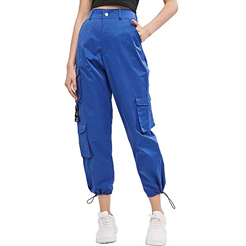 ZAFUL Women's Flap Pocket Cargo Pants Chain Jogger Pants Elastic Waist Baggy Workout Pants (Blue-D, L)