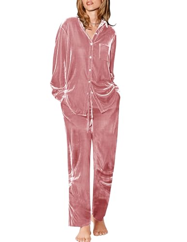 Ekouaer Velour Track Suits for Women Long Sleeve Pajama Set Casual 2 Piece Loungewear Light Pink Large