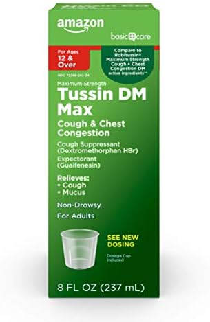 Amazon Basic Care Tussin DM MAX Cough and Cold Syrup, Maximum Strength Mucus and Congestion Relief, Non-Drowsy, Raspberry Menthol Flavor, 8 Fluid Ounces