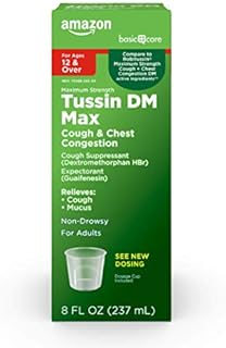 Amazon Basic Care Tussin DM Cough + Congestion Relief, Maximum Strength Liquid Cough Medicine, Raspberry Menthol Flavor, 8 Fluid Ounces
