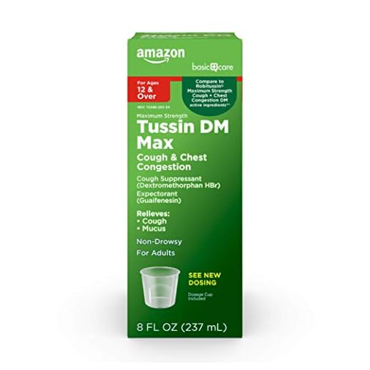 Amazon Basic Care Tussin DM MAX, Cough and Cold Medicine Syrup, Maximum Strength Mucus and Congestion Relief, Non-Drowsy, Raspberry Menthol Flavor, 8 fl oz (Pack of 1)