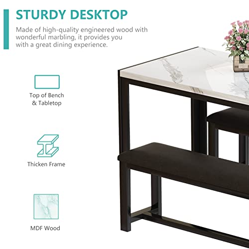 Recaceik Dining Table Set For 4, Kitchen Table And Chairs For 4, Faux Marble Dining Room Table With 2 Benches, Space Saving Dining Table And Upholstered Pu Leather Bench For Small Spaces, White #TOP6