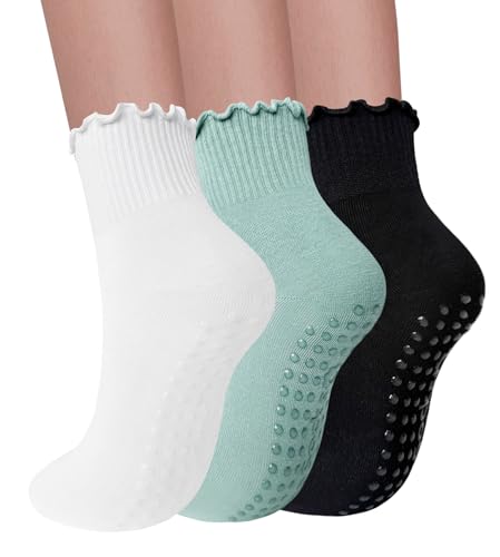 Image of 3 Pairs Pilates Socks with Grips for Women Non Slip Grip Ruffle Yoga Ankle Grippy Socks