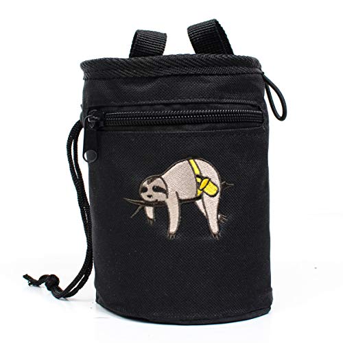 Craggy s Chalk Bag for Kids and Adults with Drawstring Closure, Zippered Pocket, Adjustable Quick-Clip Belt and Embroidered Sloth Design (Black)