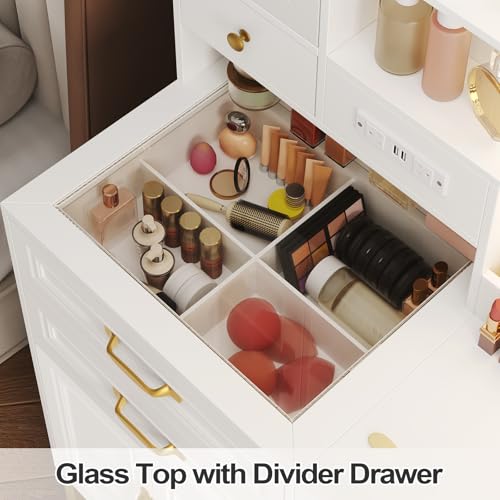 BTHFST Makeup Vanity Desk with Mirror and Lights & Charging Station & Makeup Stool, Vanity Table Set with Glass Top Storage Drawer & Beach & 3 Shelves for Bedroom (Modern White & Gold)