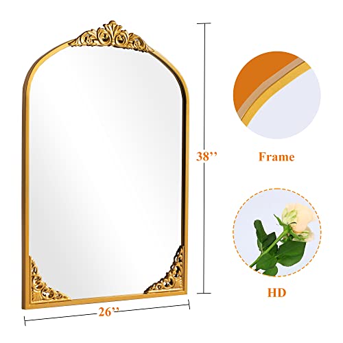 Neutype Arched Wall Mirror Vintage Carved Mirror Metal Frame Wall-Mounted Mirror For Home Decor Bathroom Entryways Living Rooms Dressing Mirror, Gold, 38"X 26" #TOP6