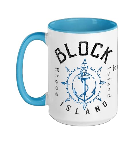 Block Island RI Compass Rose Anchor Nautical Sailing Ceramic Mug, Blue/White, 15oz