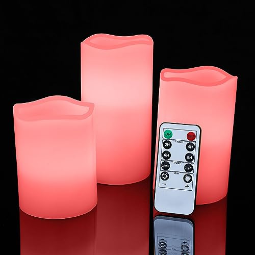 Image of JUNPEI Flameless Led Battery Operated Candles: Flickering Electric Candles 4 inch 5 inch 6 inch Set of 3 Real Wax 10-Key Remote Control with 2 /4 /6 /8-hours Timer Function,Cycling 24 Hours Timer, 300+ Hours (Pink)