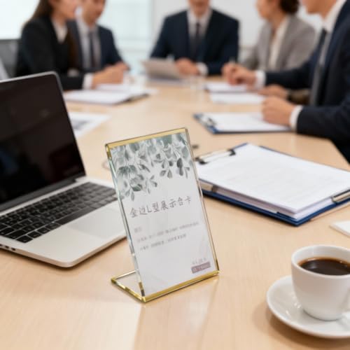 ACOLY 3er-Pack Schilderhalter aus Acryl mit schräger Rückseite und goldenem Rand, L-förmiger Tischmenüständer, Schilderrahmen aus Kunststoff