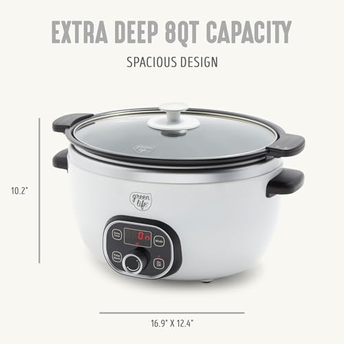Image of GreenLife 8QT Slow Cooker, Non-Toxic PFAS-Free Ceramic Nonstick Removable Interior Bowl, Programmable, Family Friendly, Keep Warm, Stovetop & Oven Safe, Dishwasher Safe Crock, Timer, Glass Lid, White