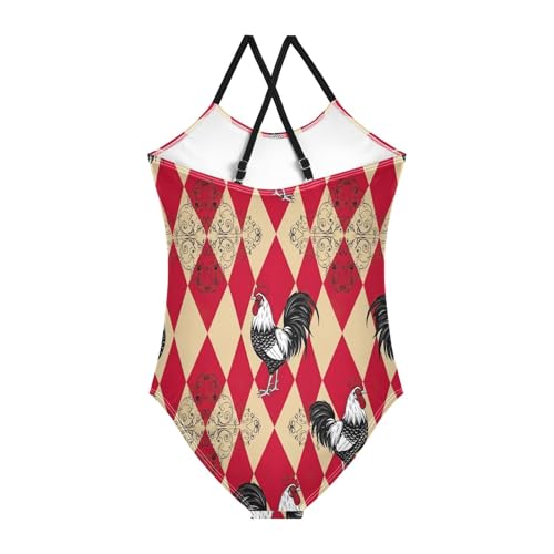 Retro Rooster Red Checkered One Piece Girls Swimsuit, Beach Swim Suits Kids 3-10 Y with Adjustable Shoulder Strap, 3-10 Y2