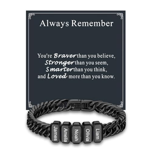 Custom4U Personalized Cuban Link Bracelet for Men, Stainless Steel/18K Gold Plated/Black 1-8 Names Engraved Customized Name Chain Bracelet for Men Jewelry Gifts for Man Dad Husband Father 03