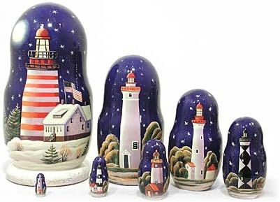 Golden Cockerel Made in Russia Lighthouses in The Night Nesting Doll 7pc/ 8” aka North American Lighthouses Collectible Babushka Russian Doll 100% Guaranteed!