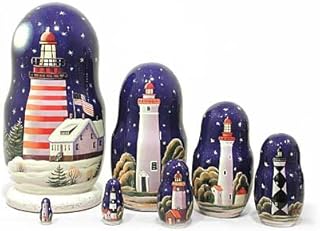 Golden Cockerel Made in Russia Lighthouses in The Night Nesting Doll 7pc/ 8â€ aka North American Lighthouses Collectible Babushka Russian Doll 100% Guaranteed!