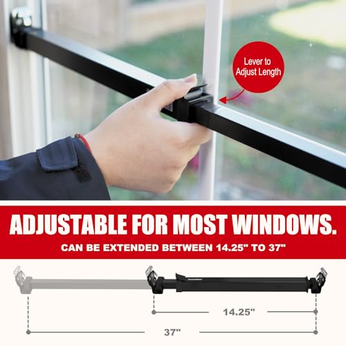 SecurityMan Window Security Bar - Easy Install for Horizontal/Vertical Windows - Adjustable Window Lock Bar (Child Proof/Heavy Duty Iron) - Extendable (14.25" to 37") Security Bars for Windows - Black