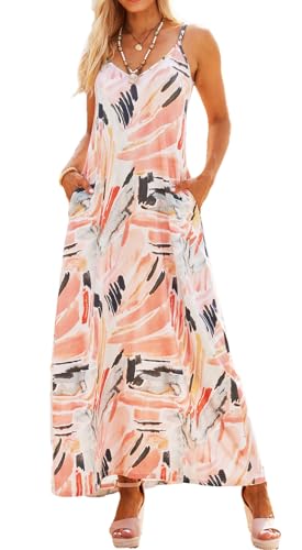 Supnier Women's Summer Casual Floral Printed Bohemian Spaghetti Strap Floral Long Maxi Dress with Pockets(S,Pastel Print)