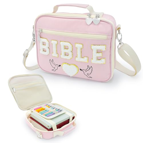 Chenille Letter Bible Case for Girls - Large Study and Church Bag Cover Purse Fits All Bibles - Cute Christian Carrying Tote with Shoulder Strap - Faith Accessories Gift for Teens and Women - Pink