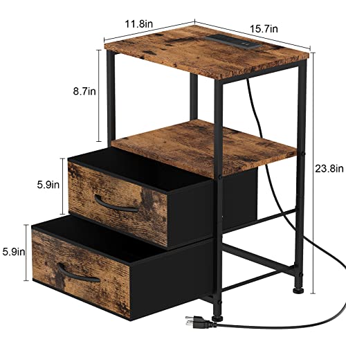 Domydevm Nightstand With Charging Station, End Side Table With Usb Ports And Outlets, Industrial Bedside Table With 2 Fabric Storage Drawers For Bedroom Living Room Dorm, Brown #TOP2