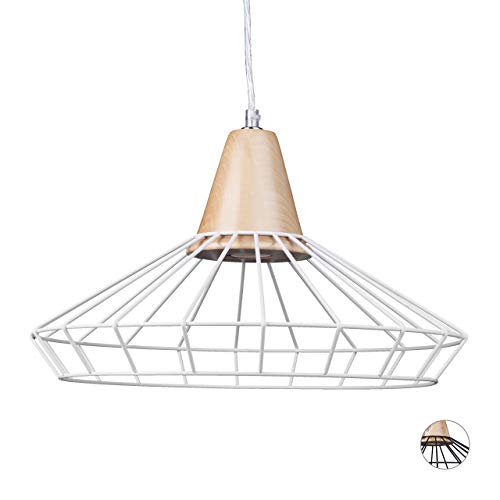 Relaxdays Lampe à suspension GRID optique cage grille design retro métal et bois lampe de plafond luminaire HxlxP: 110 x 40 x 40 cm, blanc