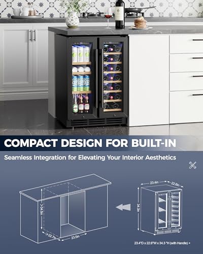 Image of 24 Inch Dual Zone Wine Fridge for 21 Bottles and 60 Cans, Under Counter Refrigerator with 42dB Quiet Operation & Blue LED Light, Beverage Refrigerator with Glass Door (Black)