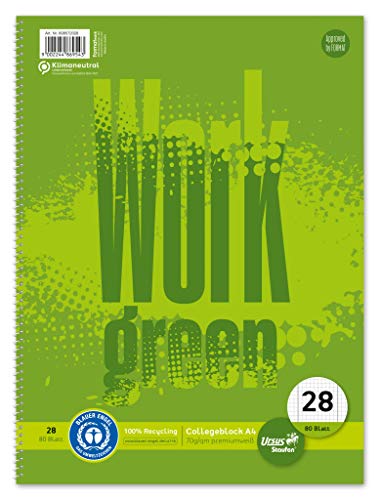Staufen Staufen Green 608572028 - Cuaderno (DIN A4, diseño de Work, línea 28, cuadriculado de 5 mm con líneas de margen), 80 hojas, 4 agujeros, papel reciclado blanco de 70 g/m², 1 unidad
