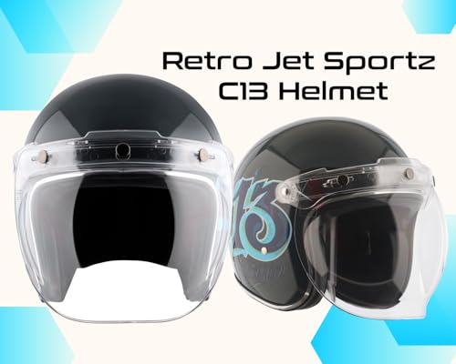 Image of Axor Retro Jet Sportz C13 ISI and DOT Certified Gloss Finish Open Face Helmet for Men and Women with Clear Visor- Slate Blue-XL