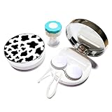 Mokiwala Contact Lens Travel Kit with Cleaner Washer, 5 in 1 Portable Contact Box with Mirror Tweezers Remover Tool Solution Bottle for Travel Daily Outdoor,Cow pattern