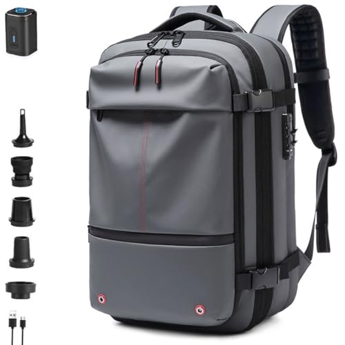 FAFAKO Backpack, Air Seal Travel Pack with Secure & Water Resistant, 60L Expandable Easy Vac Travel Bag, Waterproof, Travel Backpack for Men(Gray,Air Pump)