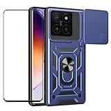 CNPUTAO Case for Xiaomi 14T Pro 5G / Xiaomi14T Pro 5G with Tempered Glass Screen Protector,Sliding Camera Window, Kickstand, Shock-Proof Anti-Scratch Dual-Layer Phone Cover, Blue