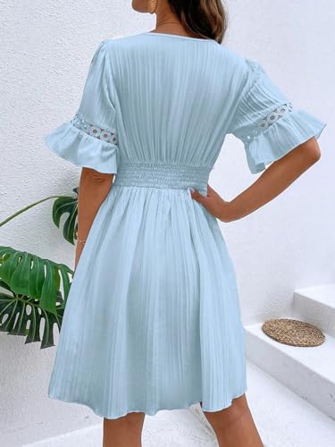 Image of Womens Summer Dresses V-Neck Lace Insert Flounce Casual Lightweight Sleeve Midi Dresses for Women 2025 Trendy