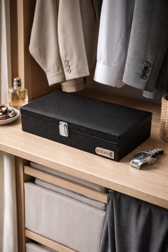 Image of BOXXO 12 Slot Watch Organizer Box for Men & Women - Premium PU Leather Watch Case, Soft Velvet Cushions & Glass Lid Display, Elegant Storage Box - 34x20x8 cm (Grey, 12 Slots)