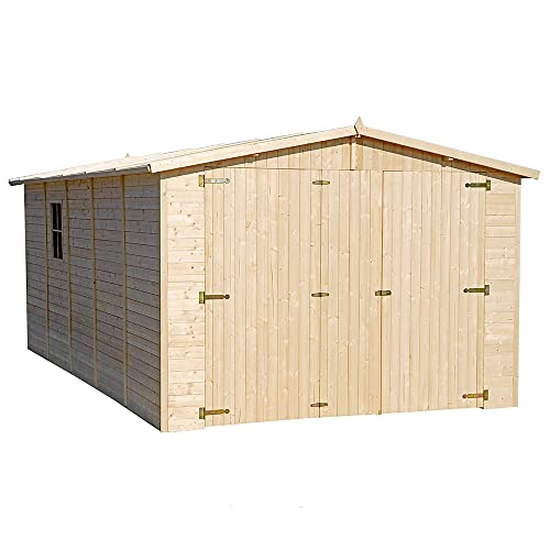 TIMBELA M101 Holzgarage - Abstellraum mit Fenstern - H222x516x324 cm/15 m² Shiplap-Schuppen aus Naturholz - Gartenwerkstatt - Auto- und Geräteschuppen