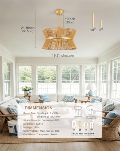 Boho Tassel Fandelier Ceiling Fans with Lights and Remote Rattan Chandelier Fan Gold Caged Ceiling Fan with Light for Bedroom, Living Room Nursery Foyer Kitchen（6 Speed, Timing Adjustable Height） — view 2