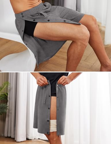 Deyeek Tear Away Shorts for Men Post Surgery Recovery Side Snap Cotton Shorts Mens Tear Away Athletic Pants with Pockets Grey - Thumbnail 2