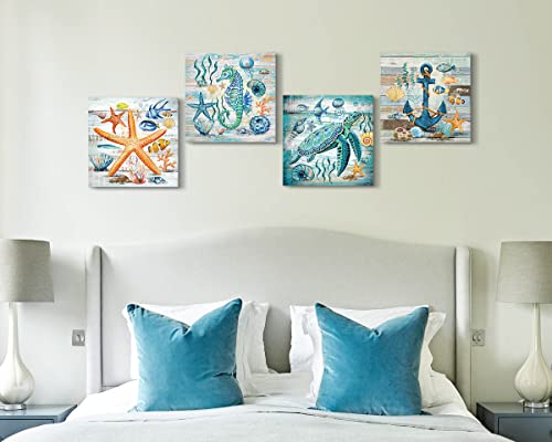 Ocean Wall Art Blue Beach Bathroom Nursery Wall Decor Teal Nautical Artwork Sea Turtle Themed Pictures Coastal Art For Kids Bedroom Living Room Dining Room Octopus Painting Wall Decorations Set Of 4 #TOP4