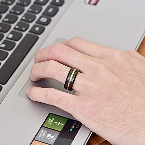 Nuncad Mens 8Mm Black Tungsten Wedding Rings With Gold Groove Beveled Edge Size 10 #TOP3