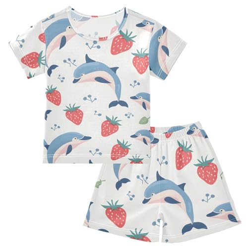 ALAZA Cute Dolphin Strawberry Pajamas Short Sleeve 2 Piece Sleepwear Top and Bottom Pajama Set Unisex