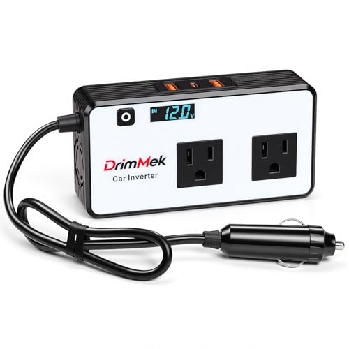 DrimMek 200W Car Power Inverter, Car Plug Adapter Outlet 12V to 110V Converter with 24W USB Fast Charging Port, Dual AC Outlet for Laptop, Vehicles, Camping (LED Display)