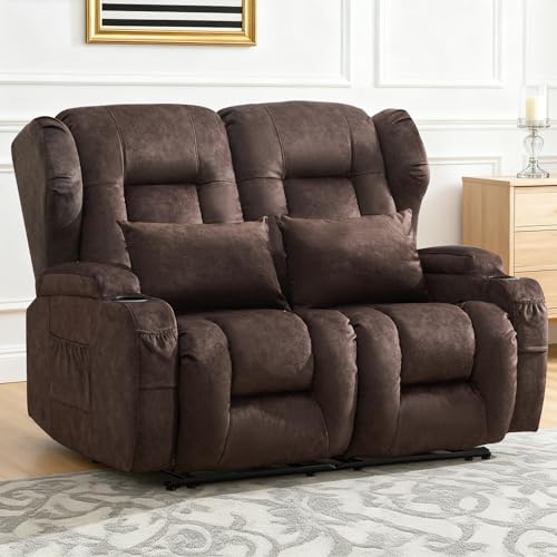 Image of Loveseat Recliner Sofa,RV Wall Hugger Recliners for Small Spaces,Reclining Loveseat Sofa Recliner with Cup Holders /Lumbar Pillows,RV Furniture (Velvet Brown, 56 inch 2-Seater)
