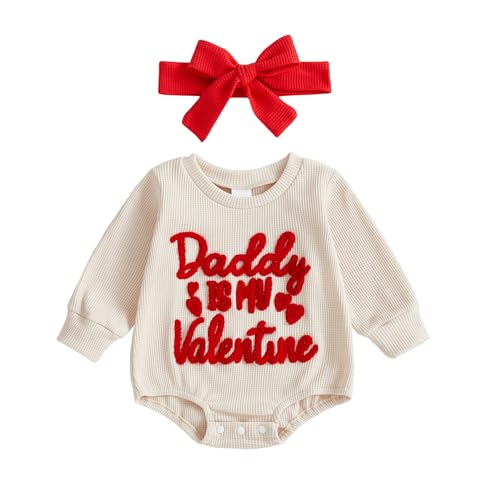 Amnnchya Baby Girl Valentines Outfit Daddy Is My Valentine Waffle Long Sleeve Bubble Romper Jumpsuit Cute Fall Spring Clothes (Beige 0-3 Months)