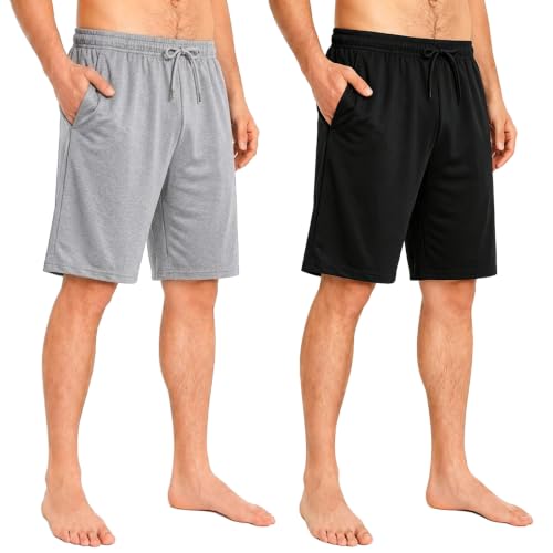 Image of Mens Pyjamas Shorts, 2 Pack Comfy Pyjama Shorts Men Mens Pyjama Bottoms Sleep Lounge Wear with Pockets，Black+Grey：M