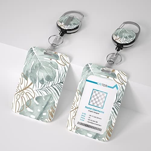 Badge Holder and Heavy Duty Retractable Clip,Id Card Holder Whit Retractable Reel for Teacher,Nurse,Studeng,Office Women,Men and Soon on.（Green Tropical Leaves)