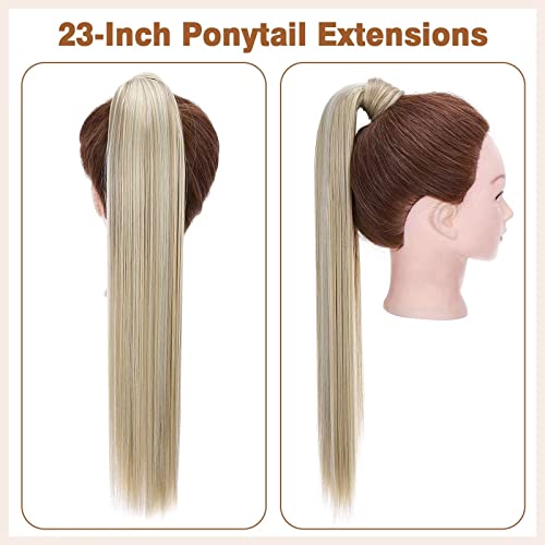TESS Clip In Ponytail Hair Extensions Blond 23 Inches, Ash Blonde Balayage Straight Hair Extensions Clip In Ponytail 90g Fake Extension - Image 4