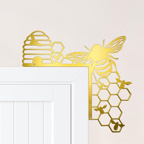 Natrlart Gold Metal Bee Door Topper, Bee Decor Door Corner, Metal Bee Wall Art, Farmhouse Honey Bee Honey Comb Decor, Ideal For Friends Family|, For Home Office Living Room Bedroom Garden(Gold)