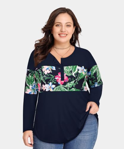 Image of CARCOS Plus Size Tops for Women Long Sleeve Fall Tunic Color Block Camo /Plaid /Leopard /Fall Blouse Crewneck Tshirt XL-5XL