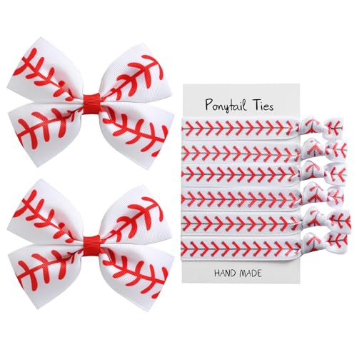 2PC Baseball Hair Bow Clips with 6PC Baseball Hair Ties for Women Girls Cheer Hair Accessories