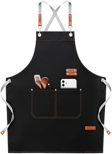 Delantal de cocina para hombres y mujeres, delantal impermeable negro con 4 bolsillos, delantales de cocina de lona ajustables para barbacoa,